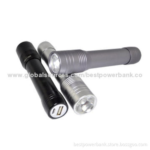 Aluminum Alloy Rechargeable 2,500mAh 5V/1A Flashlight Power Banks, 2-3 Hours Charging Time
